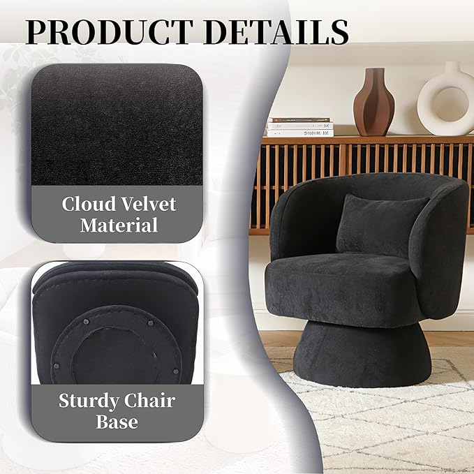 ClinQ Swivel Barrel Chair with Pillow Set of 3, Cloud Velvet Accent Chair, Upholstered Cuddle Reading Lounge Chair, 360° Modern Boucle Swivel Curved Armchair for Living Room, Bedroom, Office, Black