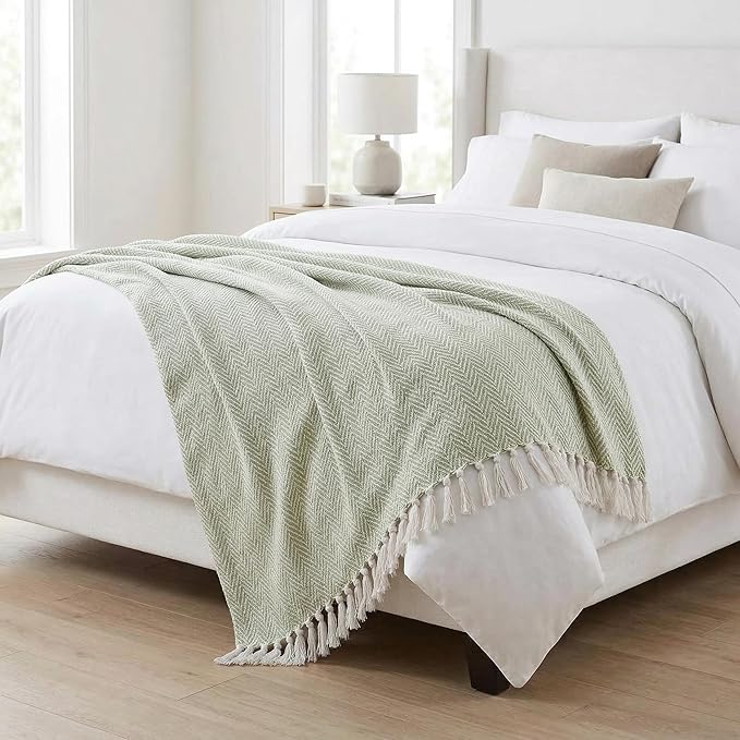 Americanflat 50x60 Throw Blanket - Soft and Breathable Cotton Throw Blanket for Couch, Bed, Chair - Decorative Blankets Perfect for Home or Outdoor Use - Light Green and White Herringbone Design