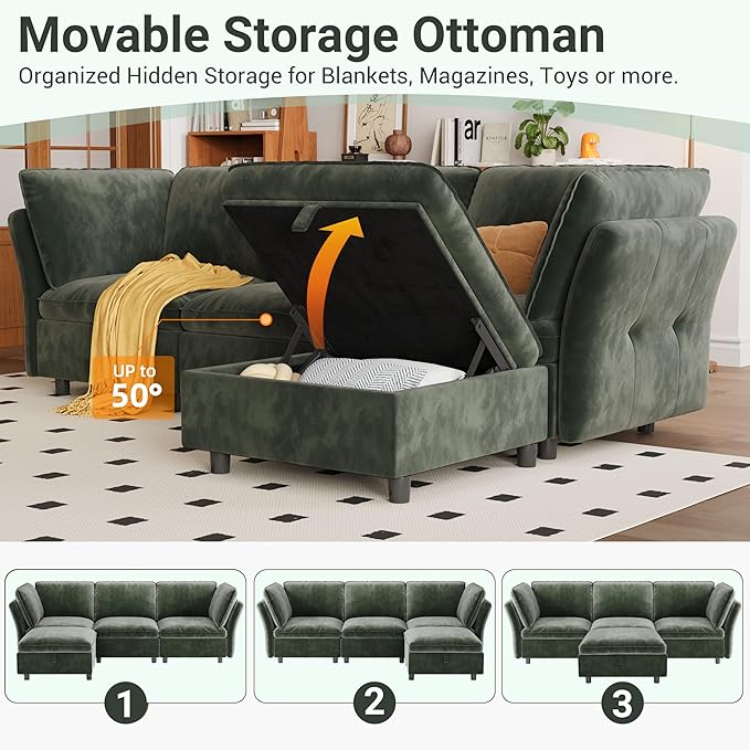 97" Modular L-Shaped Sectional Cloud Couch with Storage Ottoman - Velvet Deep Seating Sofa Set with Pillows, Convertible 3-Seater for Living Room, Apartment, Office (Olive Green)