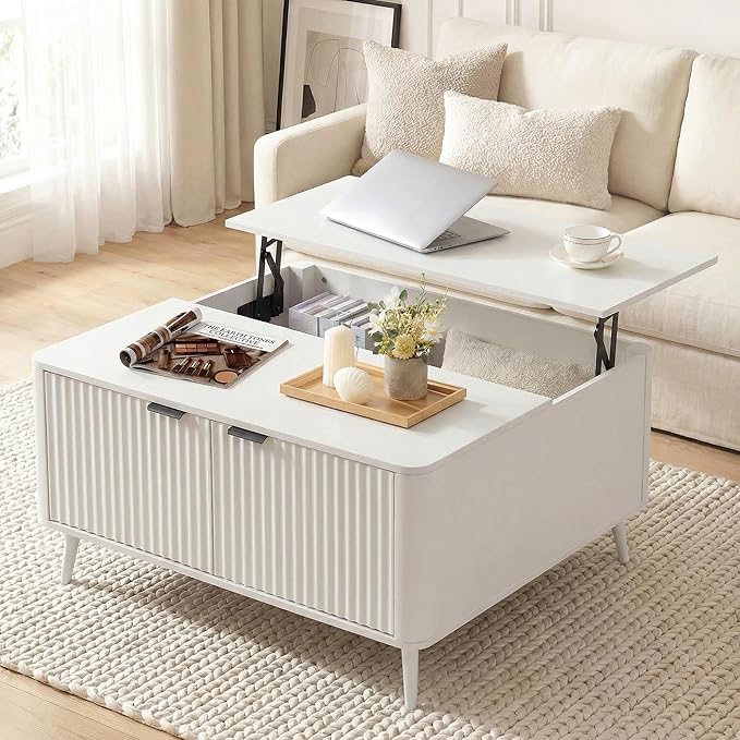 Lift Top Coffee Table with Storage, 35.4" Wide Square White Coffee Table with Large Hidden Compartment, Mid Century Modern Fluted Center Table for Home Living Room