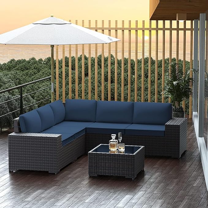 6 PCS Outdoor Patio Furniture Set,Outdoor Sectional Furniture All Weather PE Rattan Wicker Patio Conversation Set with Coffee Table and 5 Thickened Cushions,Navy Blue