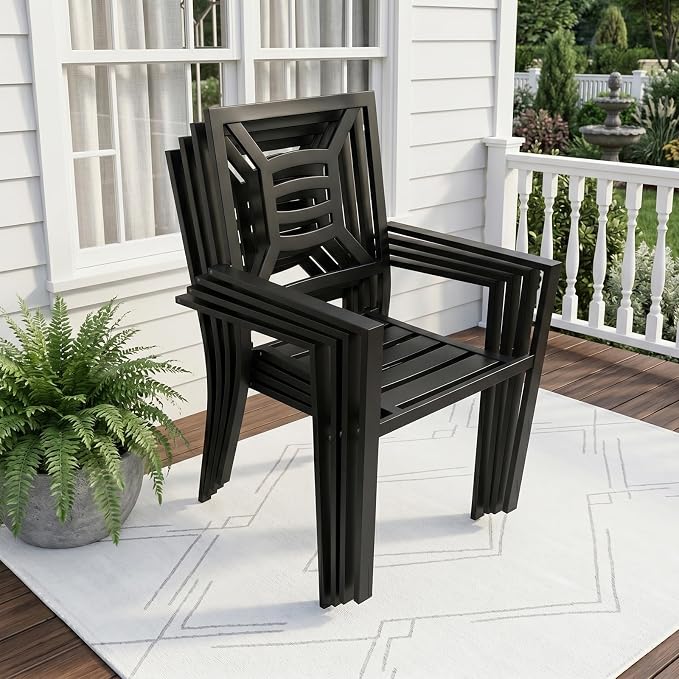 Patio Dining Chairs Set of 4, Stackable Metal Patio Chairs with High Back for Deck Bistro Porch Lawn, Black Wrought Iron Outdoor Dining Chairs - Image 3