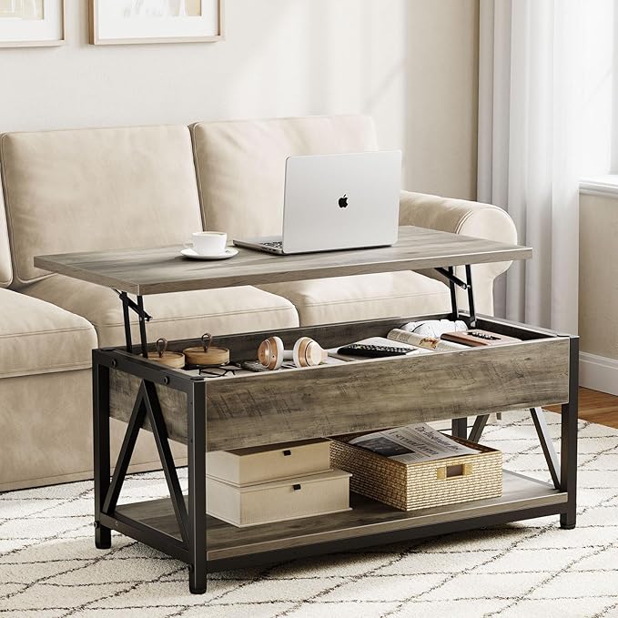 Lift Top Coffee Table,Lift Coffee Tables with Storage Shelf and Large Hidden Compartment for Living Room,Lift Tabletop Dining Center Table for Small Space, Grey