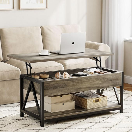 Lift Top Coffee Table,Lift Coffee Tables with Storage Shelf and Large Hidden Compartment for Living Room,Lift Tabletop Dining Center Table for Small Space, Grey