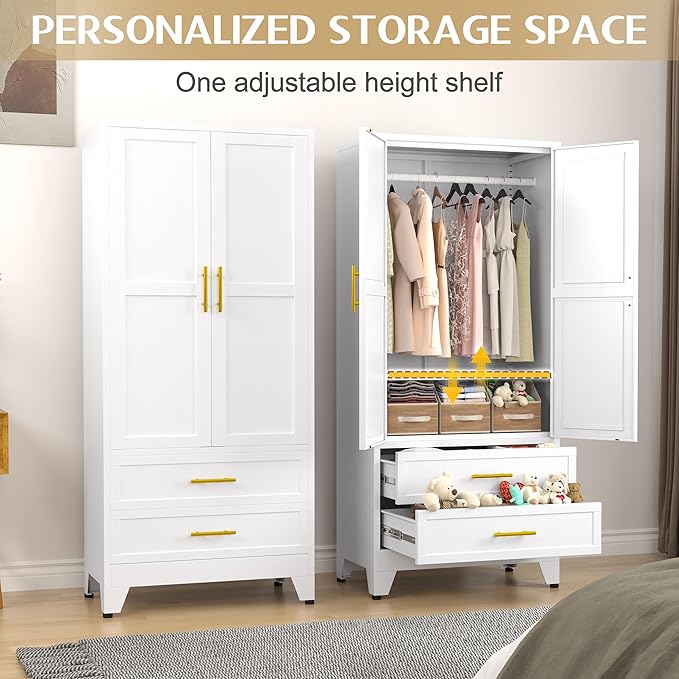 GAIOUS Metal Wardrobe Cabinet with Hanging Rod, 71" Metal Clothing Storage Cabinets with 2 Door, 1 Adjustable Shelf and 2 Drawers, Steel Armoire Wardrobe Closet for Bedroom, Gym, Cloak Room (White)
