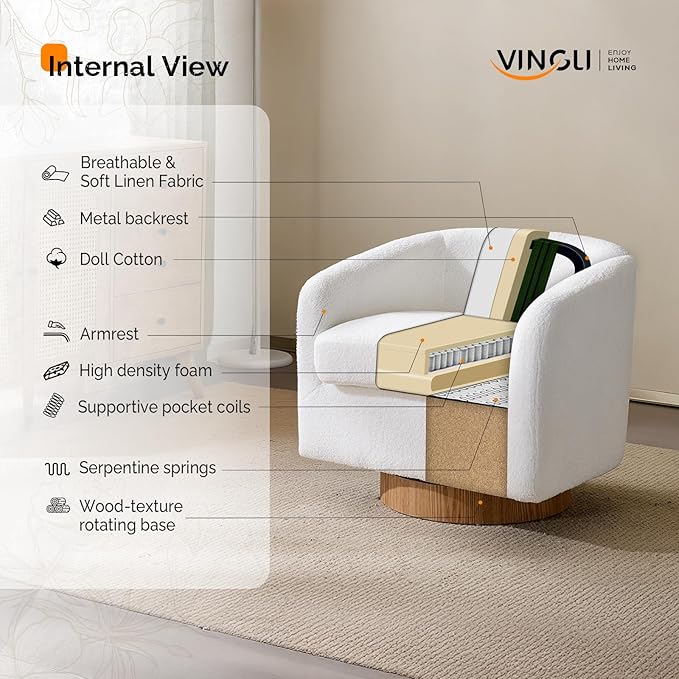 VINGLI 360°Swivel Accent Chairs Set of 2 with Engineered Wood Base and Removable Cushion for Living Room, Bedroom, Curved Back Barrel Chairs for Small Space, Upholstered Bucket Armchairs, Teddy White