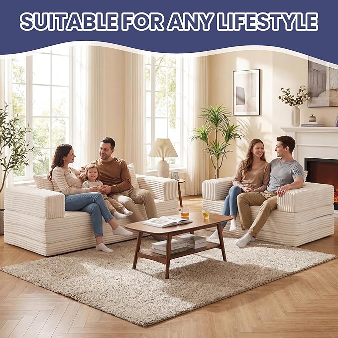 Convertible Sofa Bed Couch, 78’’ Oversized 4-in-1 Boneless Couches with Removable Armrests Backrest, Corduroy Futon Sofa Bed, Foldable Mattress Sleeper Sofa for Living Room Bedroom (Beige)