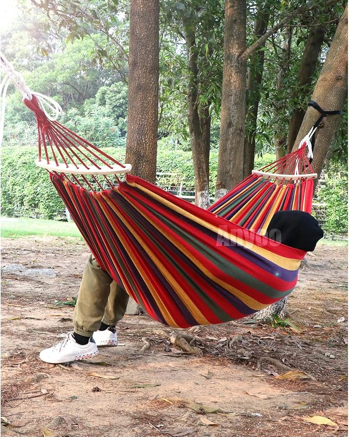 Anyoo Garden Cotton Hammock Comfortable Fabric Hammock with Spreader Bar Sturdy Hammocks Up to 450lbs Portable Lightweight Hammocks with Travel Bag for Camping Outdoor/Indoor Patio Backyard - Image 8