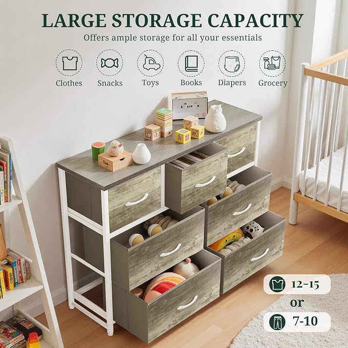 7-Drawer Dresser for Bedroom, Anti-Tip Wide Storage Organizer Fabric Chest of Drawers TV Stand for 45" TV with Wooden Top and Metal Frame for Closet, Living Room, Hallway, Entryway, Greige Oak - Image 5
