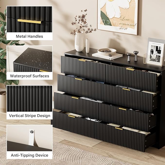 Furniway Black Dresser Bedroom Set 3 Pieces, Nightstands Sets of 2, 8 Drawer Dresser with Gold Handles for Bedroom