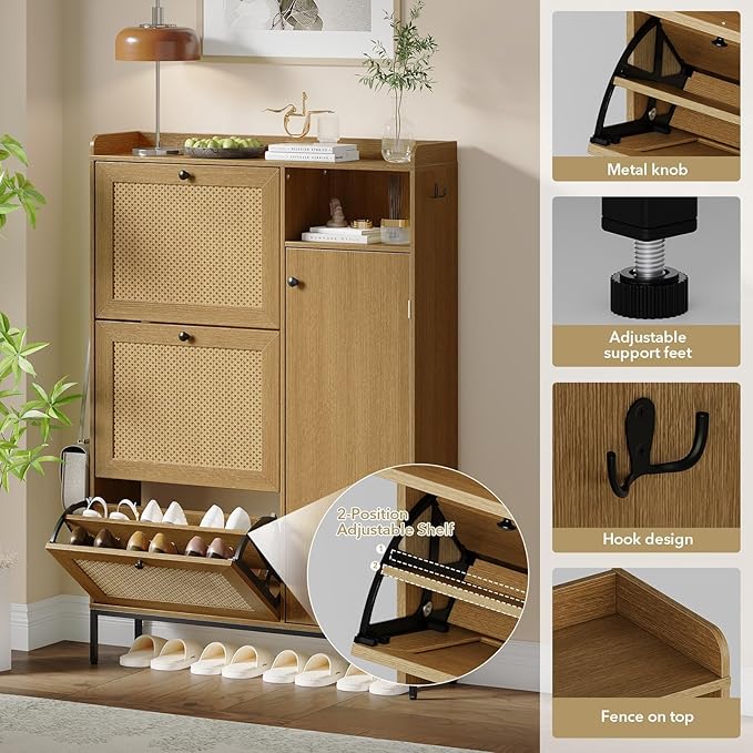 GarveeLife 3-Tier Rattan Shoe Cabinet with Flip Drawers, Adjustable Shelves and Narrow Storage Design, Perfect for Entryways, Hallways, and Bedroom Organization in Wood