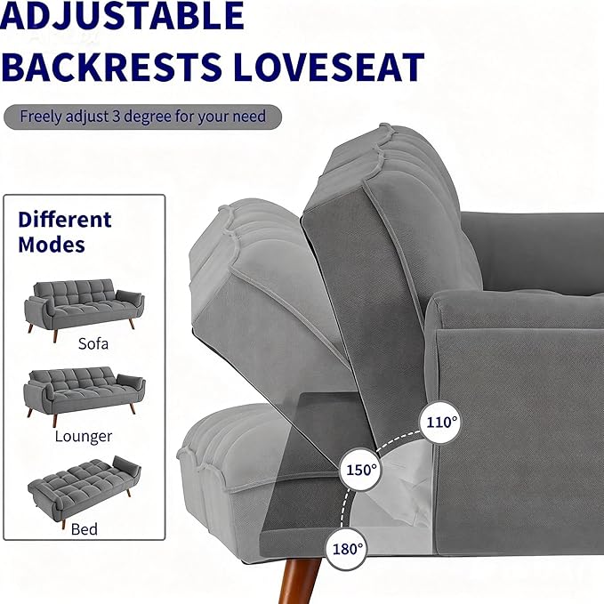 Convertible Futon Sofa Bed, Modern Futon Couch with 2 Pillows, Small Futons Couch with Adjustable Armrest & Backrest, Loveseat Sofa Bed for Living Room, Bedroom, Dark Gray