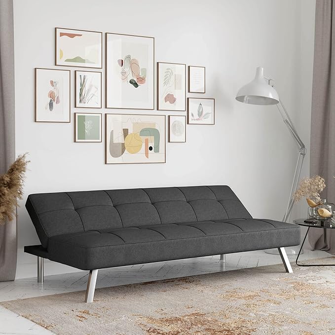 Serta® Rane Futon Sofa Bed 66.1", 3-in-1 Convertible Couch Sleeper for Small Spaces, Tufted Back, Twin Size Guest Bed, Chracoal Woven Fabric