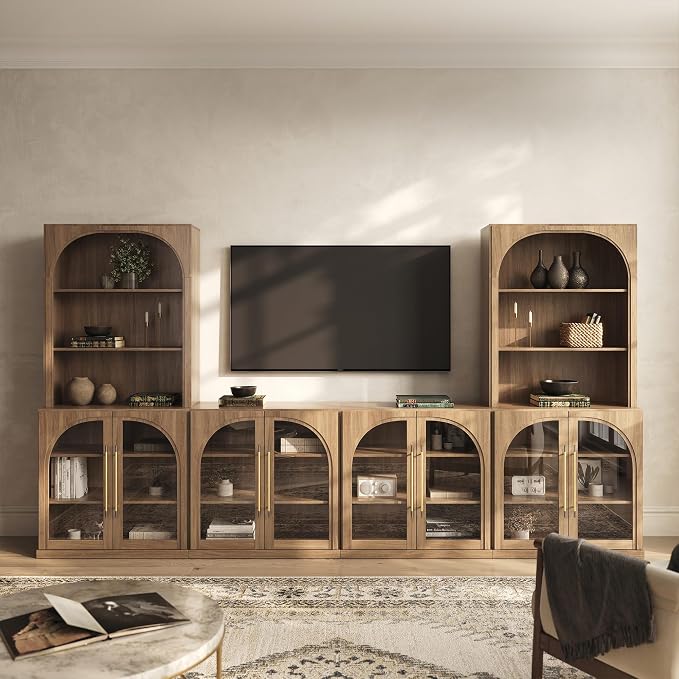 BELLEZE 6-Piece Modular TV Stand Set - 4 Arched Glass Door Entertainment Center & 2 Hutch Storage Units, Classic Modern Large Media Console with Adjustable Shelves for Living Room Family Room, Camel by BELLEZE
