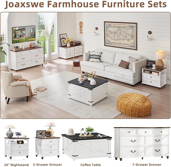 Joaxswe 24" Wide Farmhouse Nightstand with Charging Station Set of 2,54" 7 Drawers Dresser, 45" Tall Rustic Chests of 5 Drawers, Farmhouse Furniture Series for Bedroom,White
