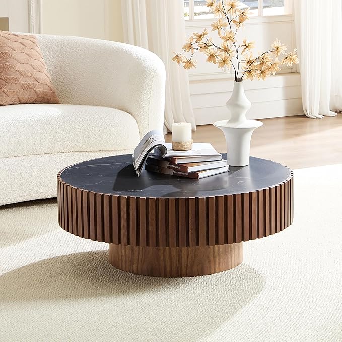 WILLIAMSPACE 35.43" Round Coffee Table with Sintered Stone Tabletop, Modern Farmhouse Wood Circle Drum Center Table for Living Room, Accent Side End Table for Apartment, 13.77" H (Walnut+Black)