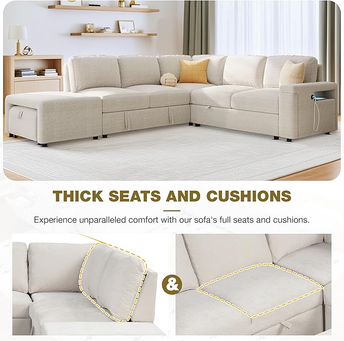 ERYE L-Shaped Multifunctional Sleeper Sectional with Hidden Storage and Cupholders, Modern Pull Out Sleeper Convertible Sofa Bed W/Storage Chaise, Ottoman, USB-C Ports