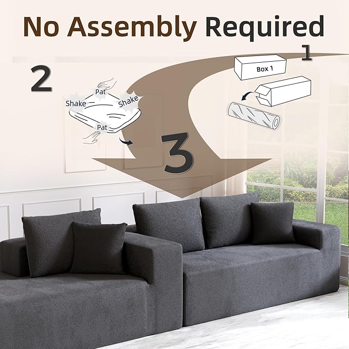 L-Shape Cloud Sectional Sofa, 104” Modern Modular Boneless Couch with Right Chaise Lounge, Compressed Floor Sofa with Pillows & Deep Seat, Flannel Velvet Couch for Living Room, Dark Gray