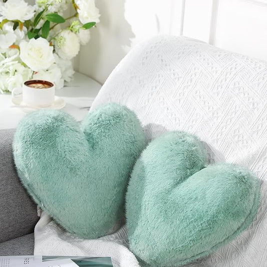 Marsui 2 Pcs Heart Throw Pillows, Soft Fluffy Faux Fur Decorative Hearts Shaped Pillows for Living Room Sofa Bed, Cute Heart Themed Gift for Women(Sage Green,11.81 x 11.02 Inch)