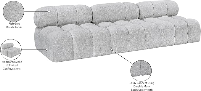 Meridian Furniture 611Grey-S102B Ames Collection Modern | Contemporary Modular Sofa with Rich Grey Boucle Fabric, Modular to Create Infinite Configurations, 102" W x 34" D x 28" H, Grey
