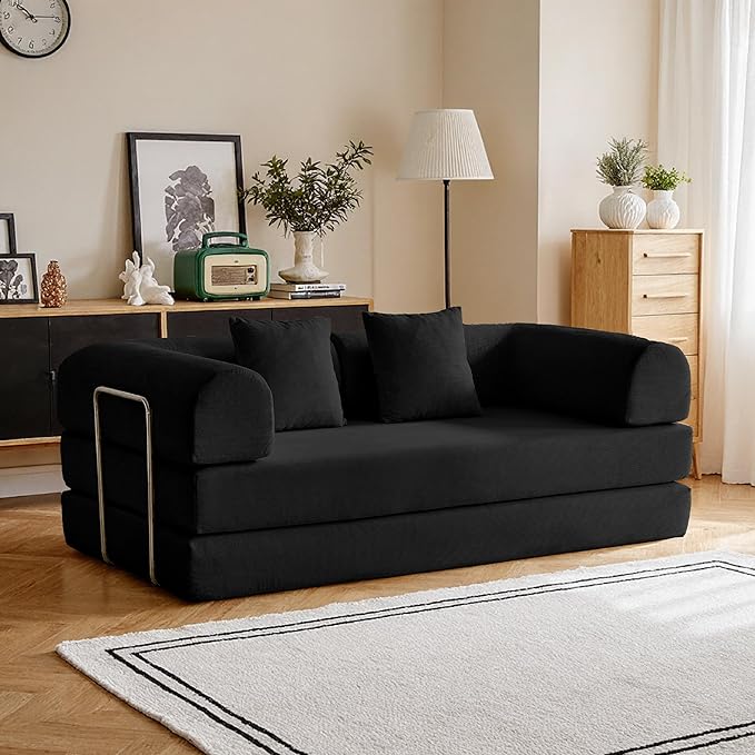 87'' Convertible Compressed Corduroy Folding Cloud Sofa Bed, Modern Modular Boneless Pull Out 3 Seater Sleeper in a Box, 5 in 1 Foldable Floor Mattress Couch, No Assembly Needed, Black, Pillows, King