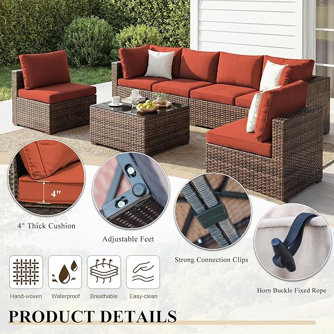 9 Piece Patio Furniture Set All Weather PE Rattan Outdoor Sectional Sofa Couch with No-Slip Cushions and Glass Top Table for Garden, Poolside, Backyard (Red)