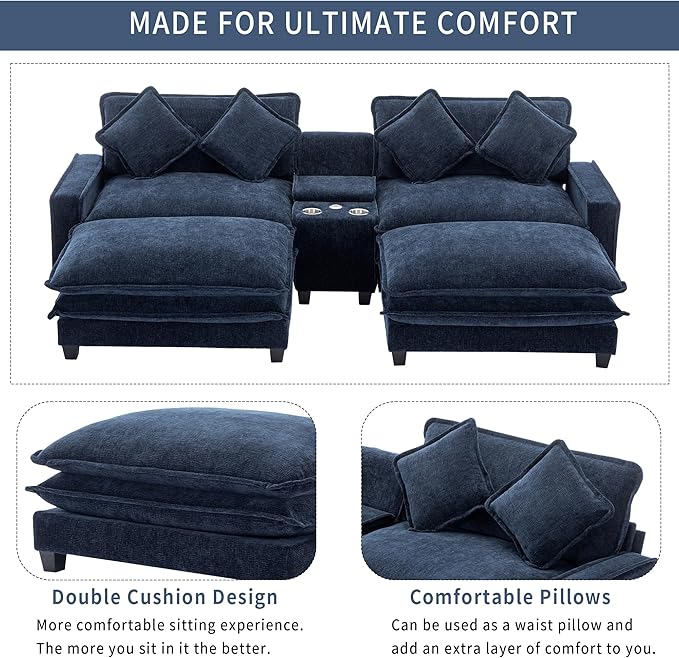 Sectional Sofa Chenille Upholstered with 2 Removable Ottoman, 2 USB Ports, 2 Cup Holders Large Storage Box for Living Room