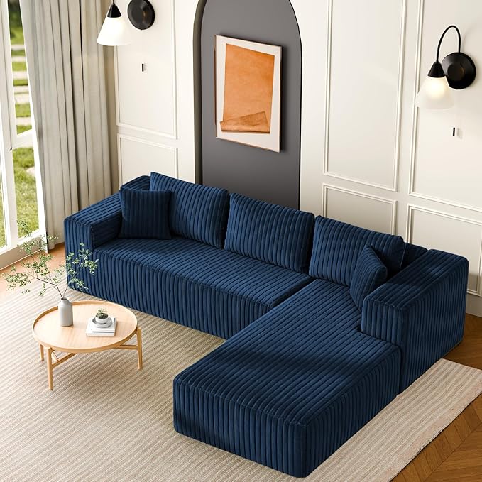 106" Modular Sectional Sofa, Blue Corduroy Cloud Couch with Left Chaise, Deep Seat Boneless Floor Sofa for Living Room, High-Resilience Foam Support, No Assembly Required, Includes Pillows | Sectional Sofa, Corduroy Cloud, Boneless, High-Resilience, No...