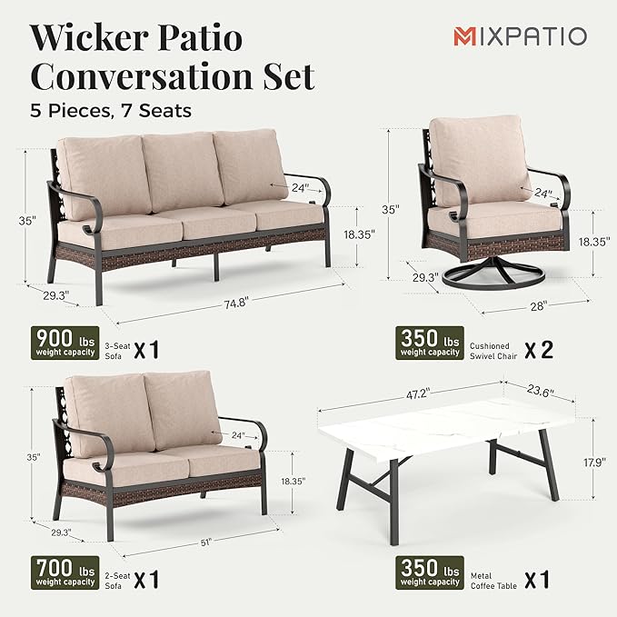 Patio Furniture Set with Coffee Table, Outdoor Conversation Set with 2 x Swivel Chairs, 1 x 2-Seat Sofa, 1 x 3-Seat Sofa for Lawn Garden Backyard, Beige