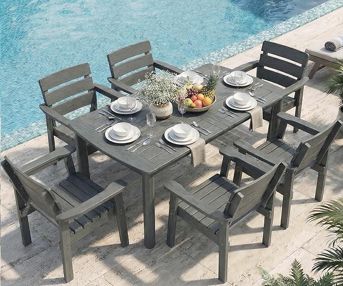 7-Piece Outdoor Dining Set, All-Weather HIPS Patio Table & Chairs for 6, Outdoor Furniture with Umbrella Hole, Ideal for Garden, Poolside, Backyard, Deck, Dark Gray by Kibaso