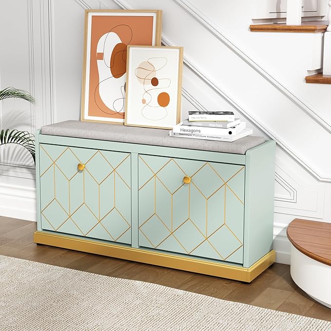 HLR Shoe Bench with Storage, Modern Entryway Bench with 2 Flip Drawer & Padded Cushion Seat, Shoes Storage Bench for Hallway, Closet, Living Room, Green Shoe Storage Cabinet with Bench - Image 4
