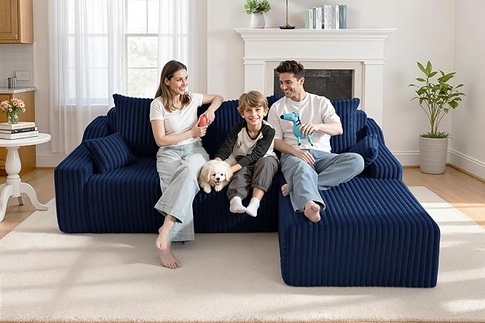 Homguava 94'' Cloud Sectional Couch, Modular L-Shape Couch with Chaise, Boneless Sofa with Deep Seat for Living Room Bedroom,No Assembly Required(Blue,Right Facing Chaise)