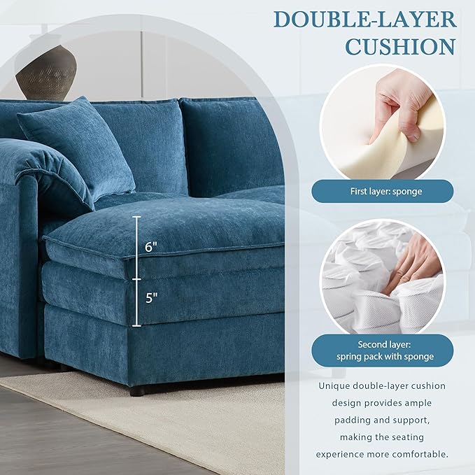 Merax 136" U-Shaped Chenille Modular Sectional Sofa, Oversized Cloud Couch Set with Double Cushions, 6-Seat with Movable Ottomans, Deep & Wide Seating, Blue