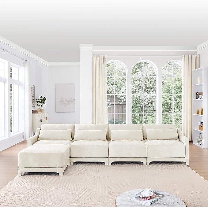 Ball & Cast 141.7" Modular Sofa Couch with Deep Seat Chenille Sofa and Wide Armrest,Ottoman, Modern Comfy 4-Seater Couch for Living Room, Office, Apartment, Easy to Assembly, Beige