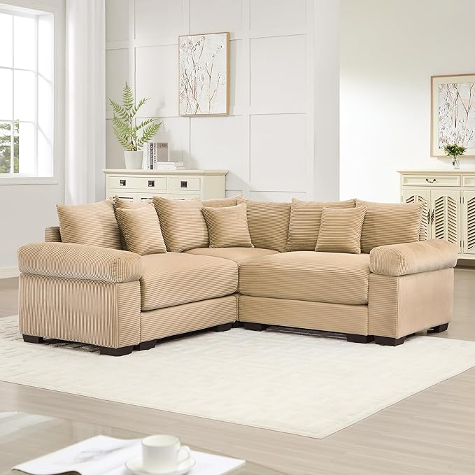 KEIKI 79" L-Shaped Oversized Corduroy Modular Cloud Sectional Sofa with High-Density Foam Cushion, Extra-Thick Armrest, Convertible 3-Seater Fluffy Corner Couch with 10 Pillow, for Living Room, Camel