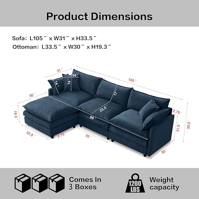 105" Oversized Modular Cloud Sectional Sofa Free Convertible L-Shaped Corner Sectional with Movable Ottoman, Chenille Upholstered Multiple Cushions Cloud Sofa Couches | Easy to Assemble