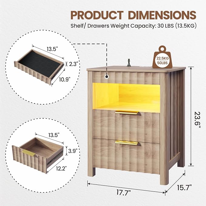 Dystler Fluted Night Stand with LED Light, Nightstand with Charging Station and Gun Drawer, Modern Bedside Table with Human Sensort and Storage Shelf for Bedroom, Wood - Image 2