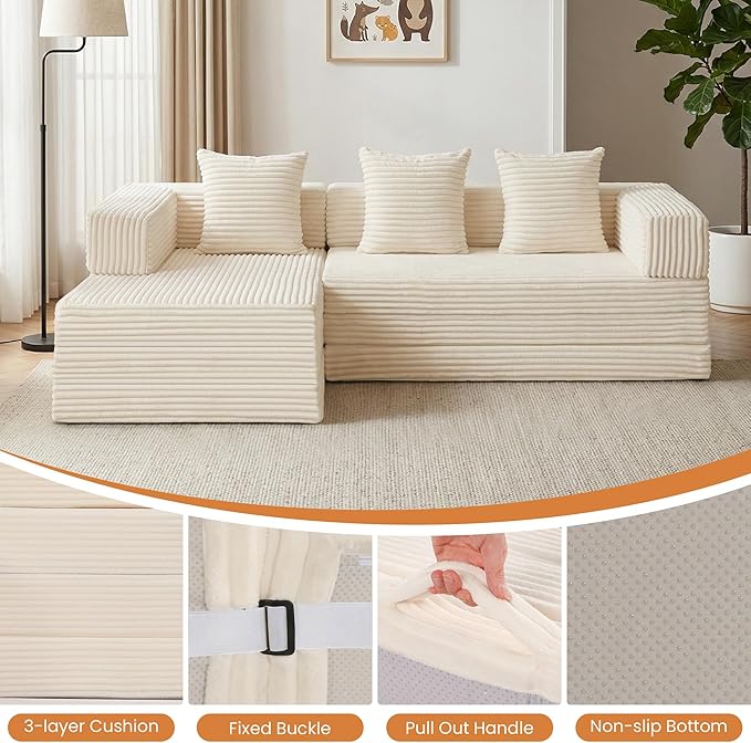 Modular Sectional Sofa, Boneless Convertible Oversized Sleeper Sofa Bed, Modern Tri-Folding Cloud Couch with L-Shape Chaise, Corduroy Futon Couches for Living Room Small Spaces Apartment,No Assembly