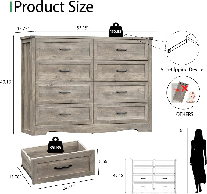 Dresser for Bedroom with 8 Drawers, 54" Wide Wood Chest of Drawers with Deep Drawers & Mental Handle, Modern Dresser TV Stand, Wooden Closet Storage Organizer for Living Room, Hallway, Entryway, Grey - Image 2