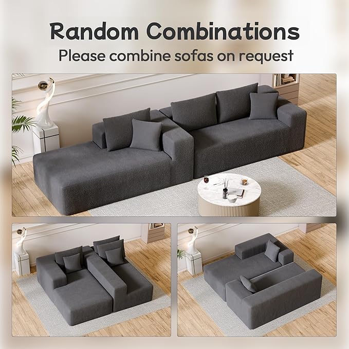 104” Sectional Cloud Couch, L-Shape Compressed Sofa with Right Chaise Lounge, Modular Cloud Couch with 2 Pillows & Deep Seat, Rain Drop Velvet Floor Sofa for Living Room, Dark Gray