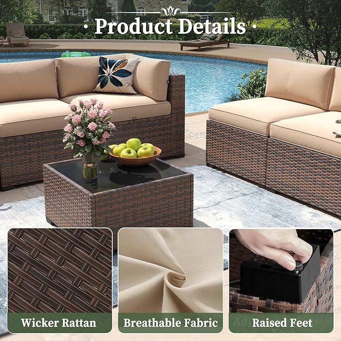 Aoxun 11 Piece Patio Furniture Set Wicker Rattan Patio Conversation Set Outdoor Sectional Sofa Set with Coffee Table and Thickened Cushions, Beige(Waterproof Cover Included)