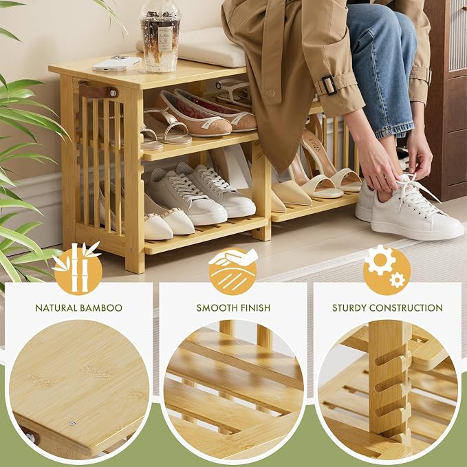 Amazer Bamboo Shoe Rack Bench, 3-Tier Shoe Bench Height Adjustable, Entry Bench with Side Storage Strap, Shoes Organizer Storage Bench, Shoe Shelf with Seat Cushion for Entryway, Living Room, Hallway - Image 3