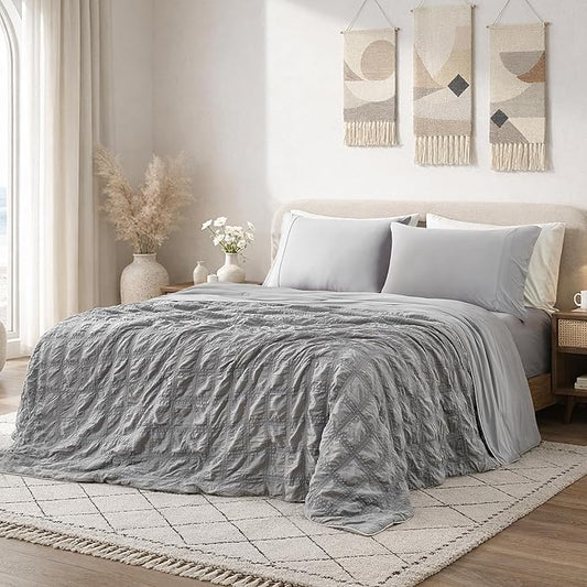 Cozy Bliss Cooling Comforter Seersucker Plaid Full Size, Q-Max 0.45 Lightweight Cooling Blanket, Breathable Silk Smooth Summer Bedding Quilt for Hot Sleepers Night Sweats Dark Grey