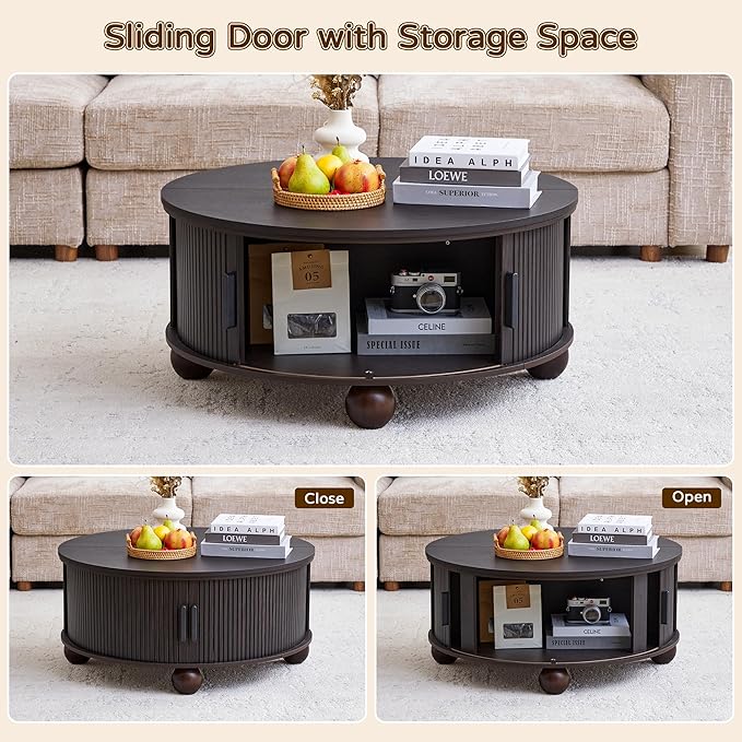 Round Lift Top Coffee Table with Hidden Storage, 33.5'' Mid-Century Modern Fluted Coffee Table with Sliding Tambour Door & Solid Wood Legs, Circle Center Table for Living Room, Small Space (Black)