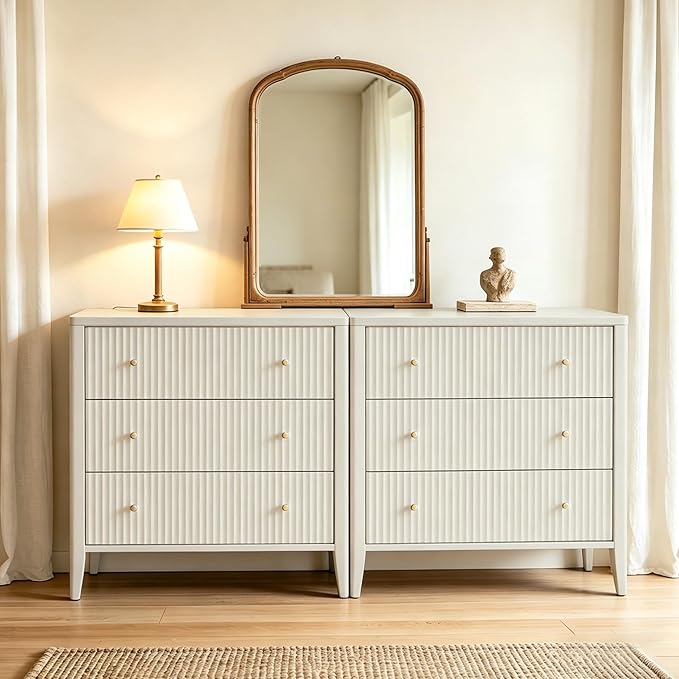 Fatmok Fluted 3 Drawer Dresser for Bedroom, 34" Wide Chest of Drawers, Modern Wood Nightstand End Table with Metal Handles, Striped Storage Cabinet for Living Room, Hallway, Entryway, Alabaster White - Image 3