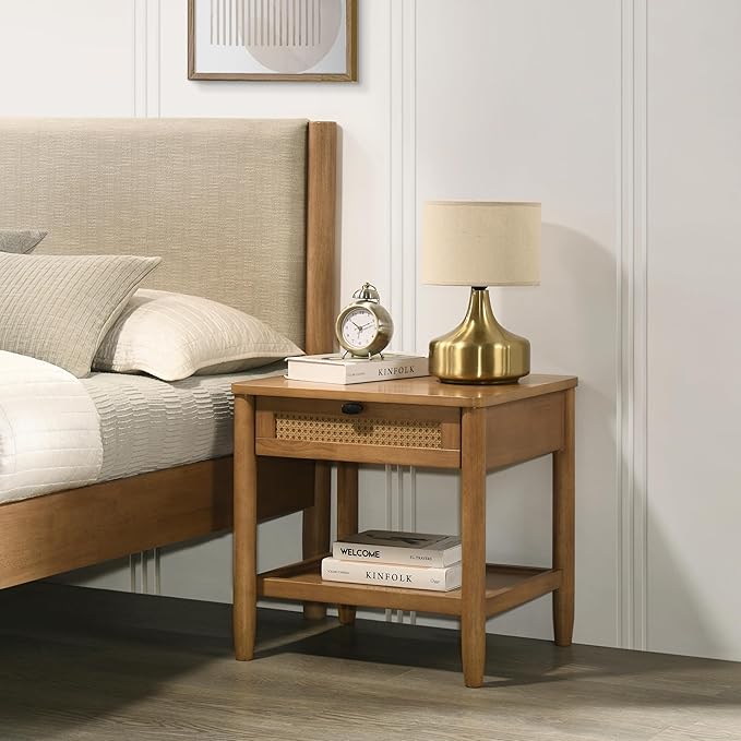 Roundhill Furniture Vichy 2-Piece Rubberwood Bedroom Set with Upholstered Queen Bed and Nightstand, Textured Polyester