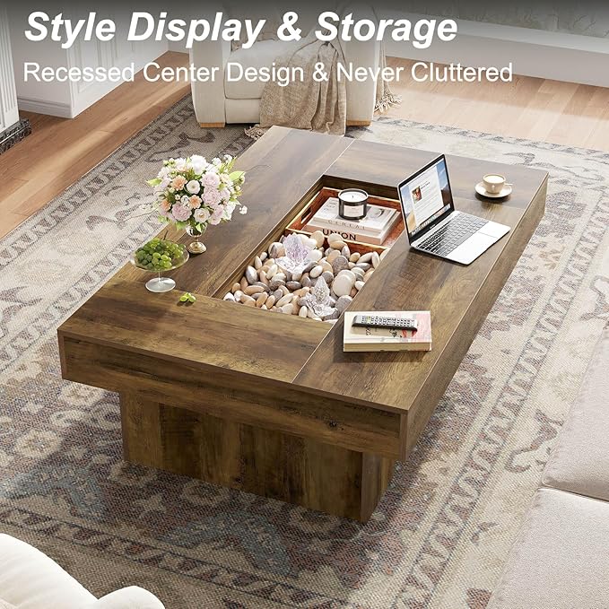 LVB Coffee Table, Modern Wood Led Living Room Table with Storage, Farmhouse Large Rectangle Center Table with LED Light, Unique Wide Low Tea Table for Living Room Home Office, 47.24 in, Rustic Oak