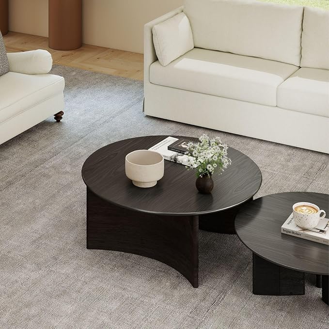 31.5'' Round Coffee Table, Black Circle Coffee Table with Curved Base, Solid Wood, Ideal for Living Room, Apartment, Compact Place