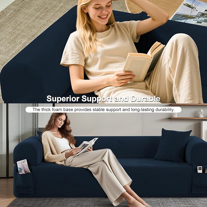83'' Boneless Sofa in A Box, 3-Seater Floor Sofa No Assembly Corduroy Couch for Living Room, Cloud Couch with 2 Pillows & Storage Bag, Memory Foam Small Floor Couches for Office, Navy Blue