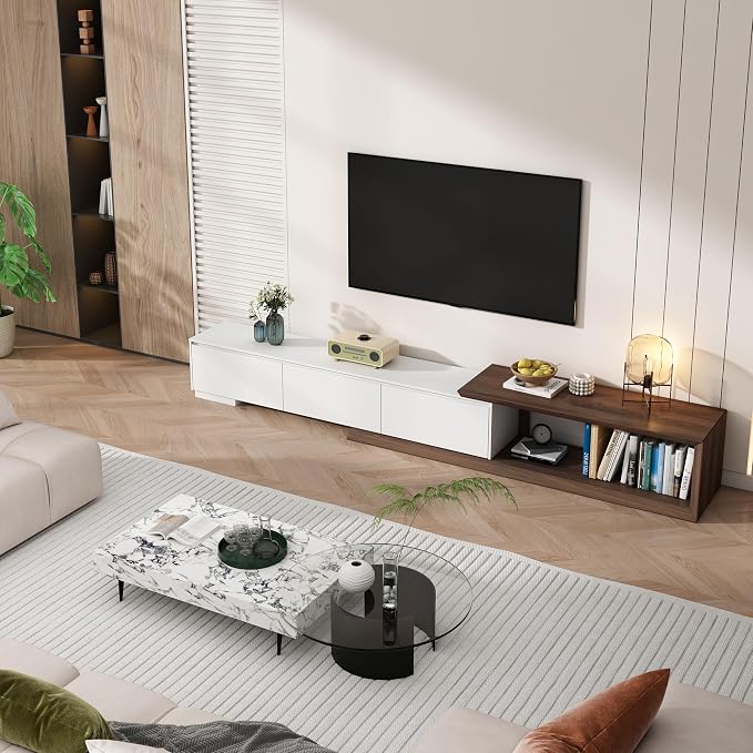 chartustriable Extendable TV Stand with 3 Drawers, Modern Minimalist Entertainment Center, Reversible Long TV Media Console, Bevel Design, 82-107.3 Inch, White & Walnut - Image 2
